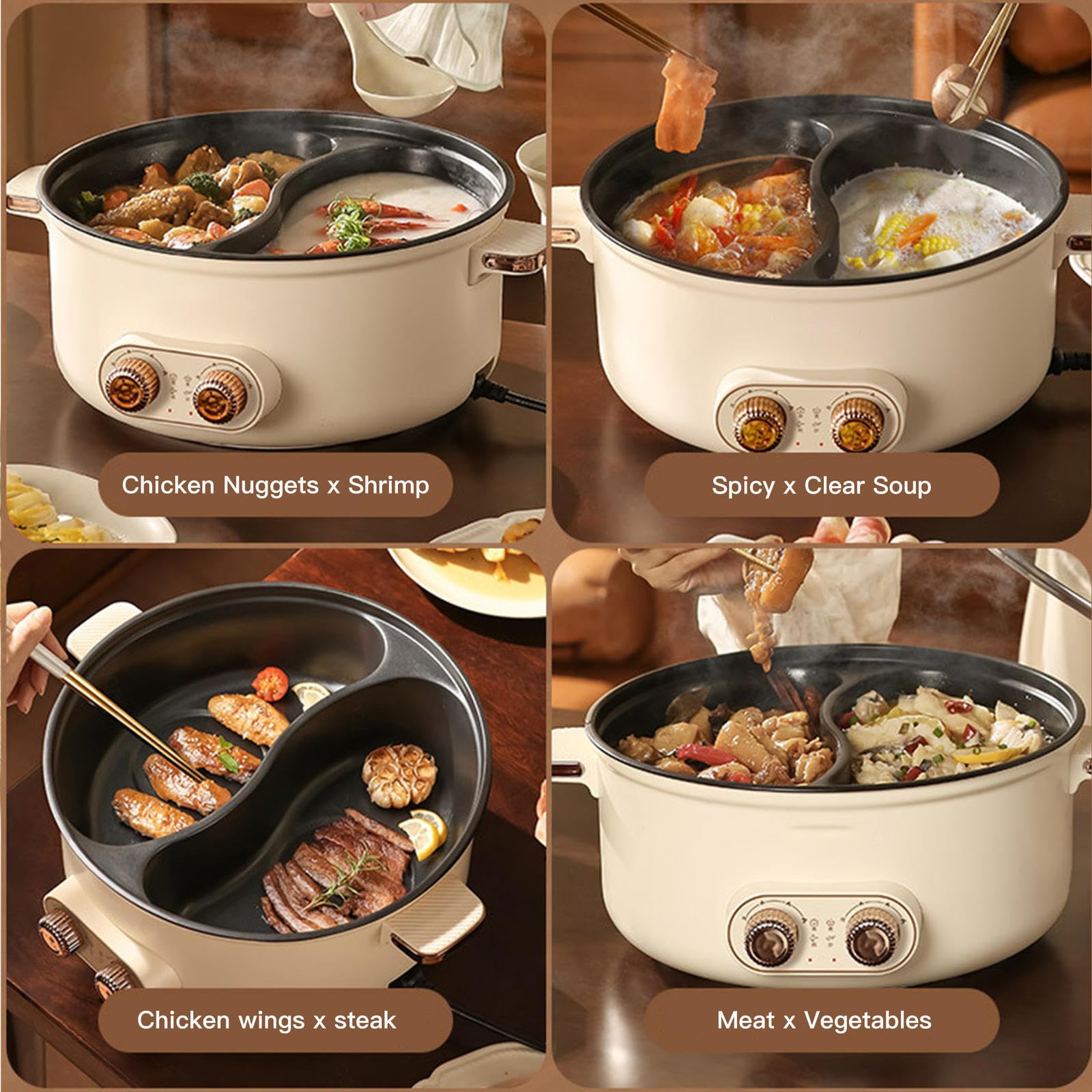 Appareil Fondue Chinoise, Double Interrupteur de Commande Feu à Trois Vitesses 1600 Watts Appareil A Fondue, IdéAl pour Les RéUnions De Famille (avec 2 Filets Non éTanches),7.5L