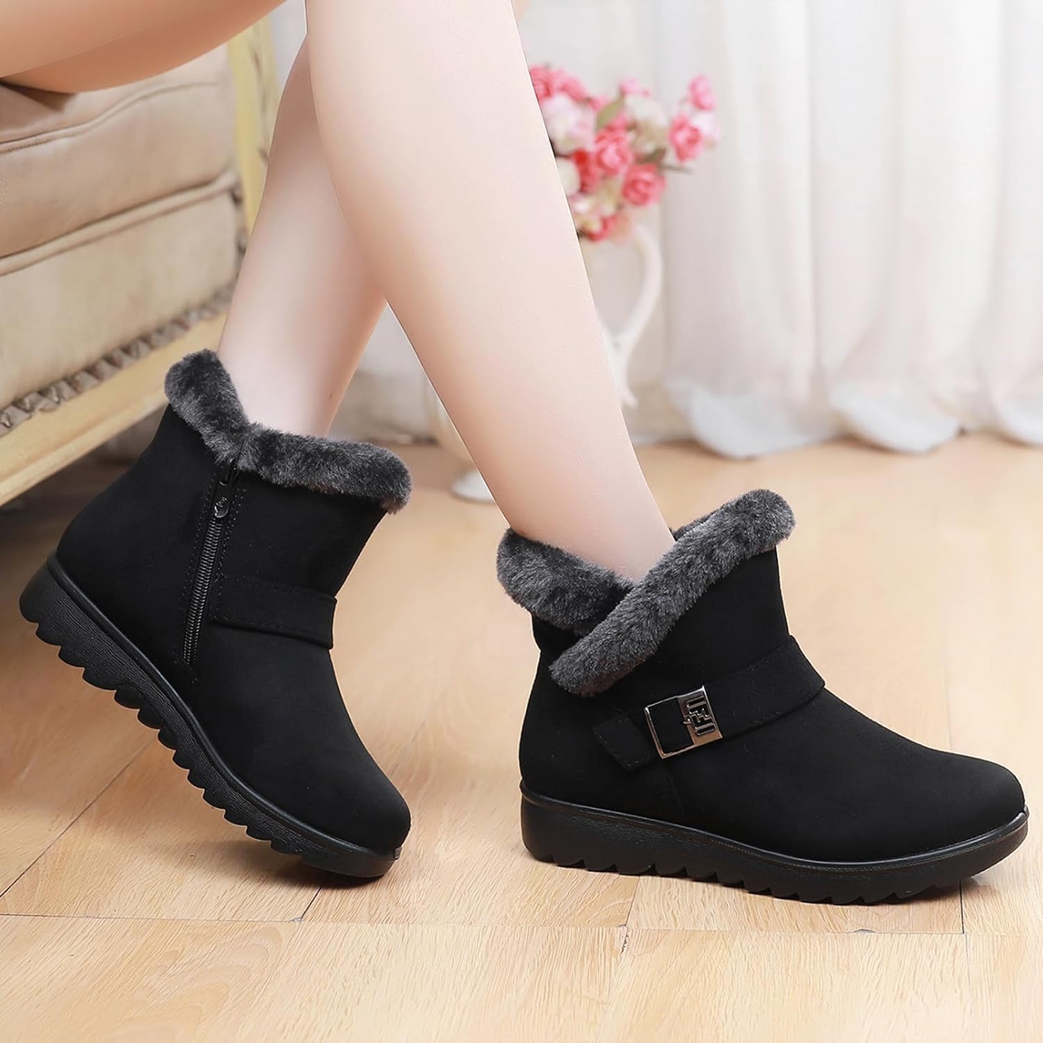 Plus Size Snow Shoes for Women Fuzzy Ankle Boots Lug Sole Anti-Slip Fur Lined Winter Walking Shoes Booties