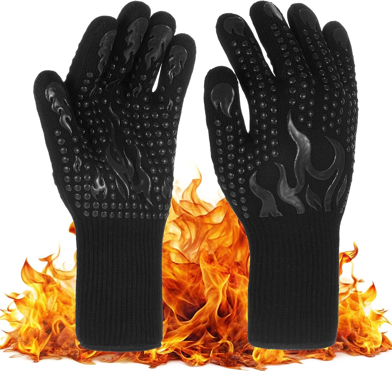 XAXEURLKJ Heat Resistant Bbq Gloves - 1472°f Silicone Grilling Mitts For Outdoor Cooking, Smoker, And Baking - Fireproof Grill Gloves [grey/black] Black