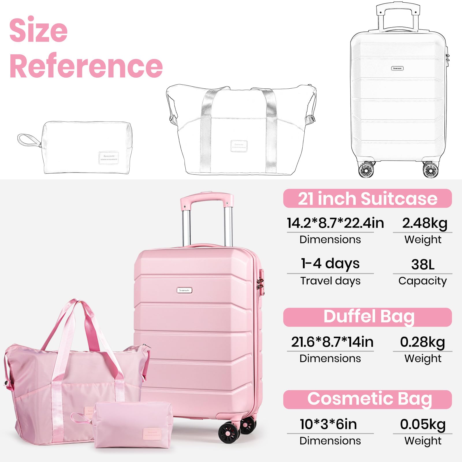 H.yeed 3-teiliges Kofferset, leichtes Trolley-Reisekofferset aus ABS-Hartschale mit 4 Spinner-Rädern und TSA-Schloss für Damen und Herren, 21"+ Reisetasche & Kulturbeutel, Rosa