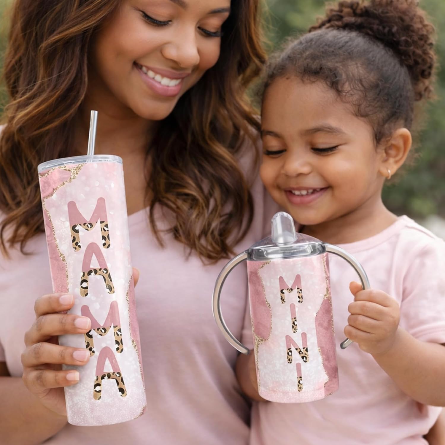 Mama and Mini Tumbler Set 20oz Tumbler and Toddler Sippy Cup Pink and Gold Swirls- Mothers Day, Baby Shower, Birthday Gift Ideas (Mama and Mini Set)