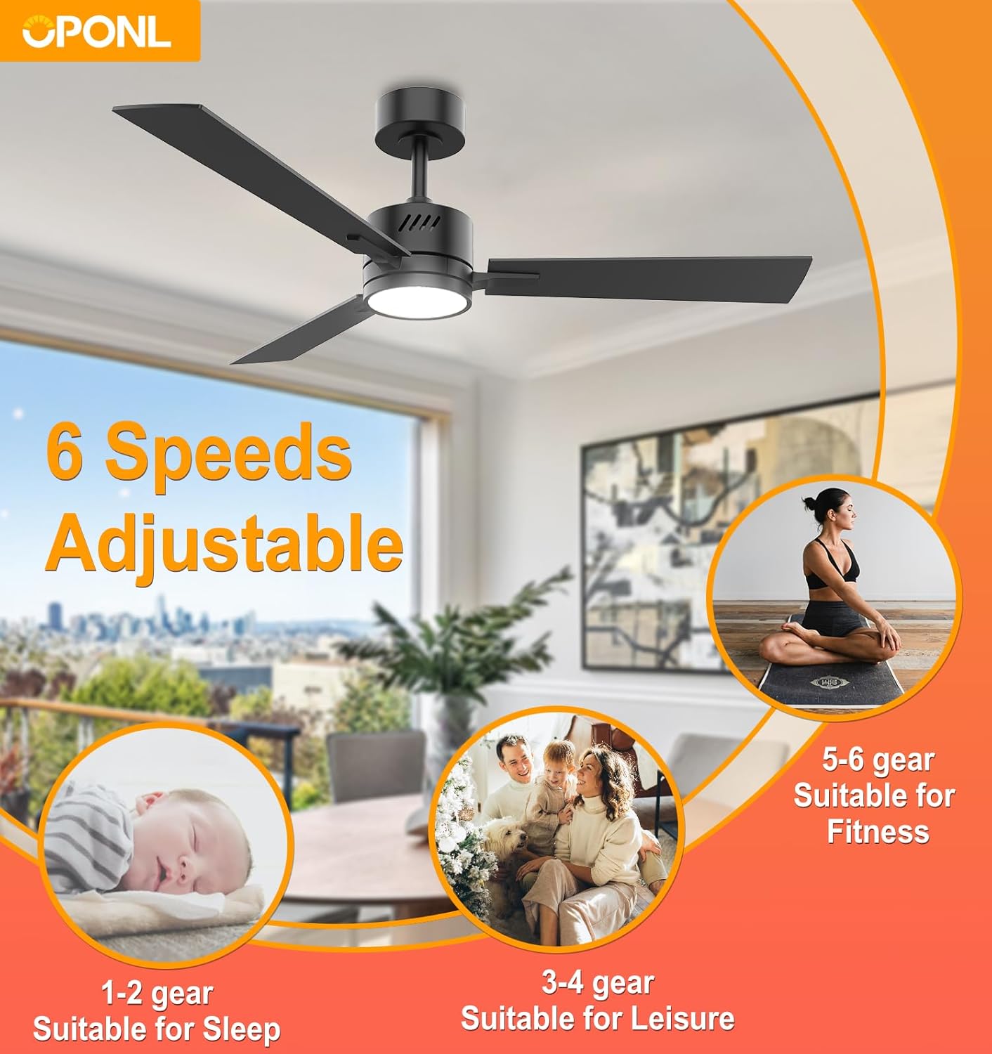 OPONL 42" Black Ceiling Fan with Light, Remote Control, Downrod Mount, Noiseless, Reversible, 6CCT, Dimmable, 6 Speeds, Timeable, Ceiling Fan with Remote Control for Bedroom, indoor/outdoor