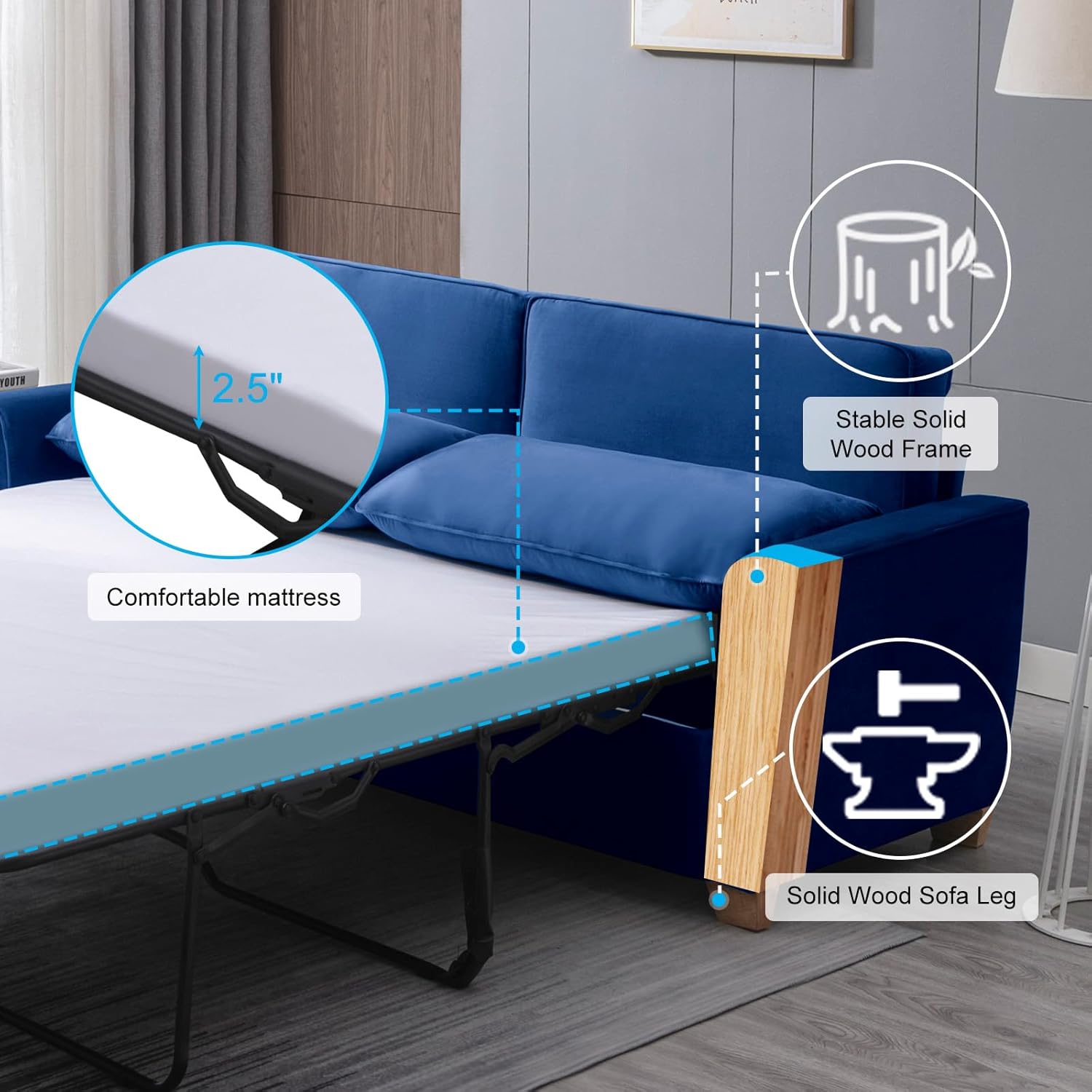 Mjkone Queen Size Pull Out Sleeper Sofa Bed 77" W with Memory Foam Pillows and Mattress, Convertible 2-in-1 Loveseat Sofa Sleeper Couch with Pull Out Bed for Home, Living Room, Small Spaces, Blue