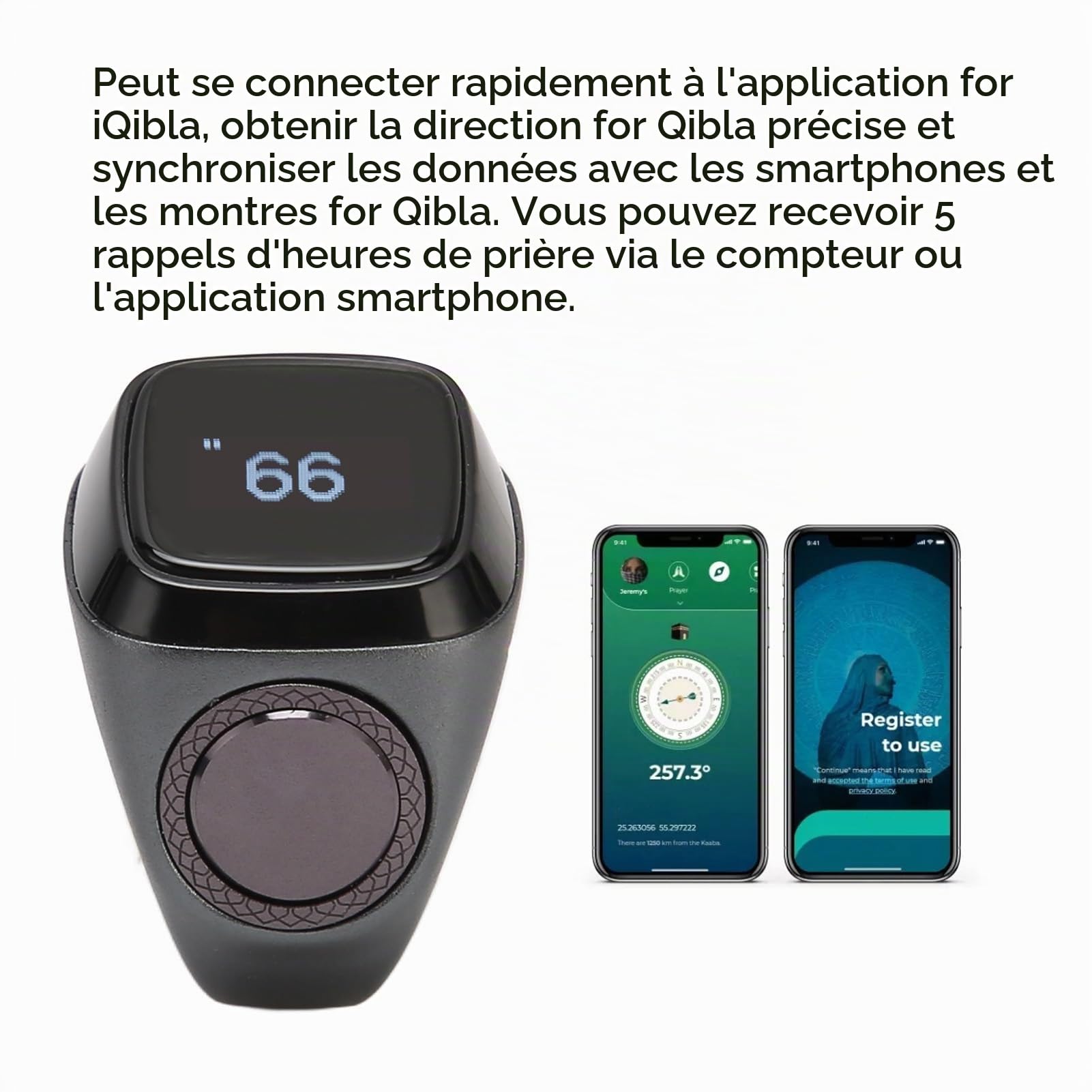 Compteur de Doigts, Anneau de comptage Rechargeable BT5.1 Compteur Manuel de Chiffres et de clics Compteur Digital de Doigts pour iQibla APP avec écran 0.49in (18MM)