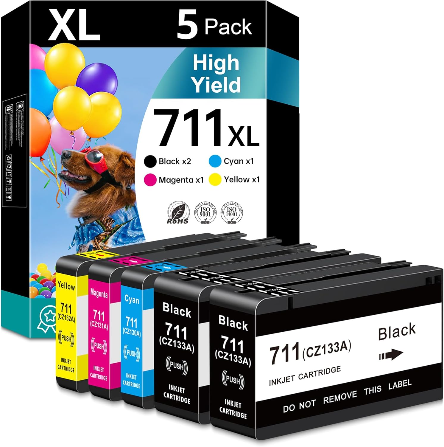 711XL Ink Cartridge Compatible Replacement for HP 711 711XL Ink Cartridge for Designjet T530 T525 T520 T130 T125 T120 T100 Series Printers (5-Pack, 2Black 1Cyan 1Magenta 1Yellow)