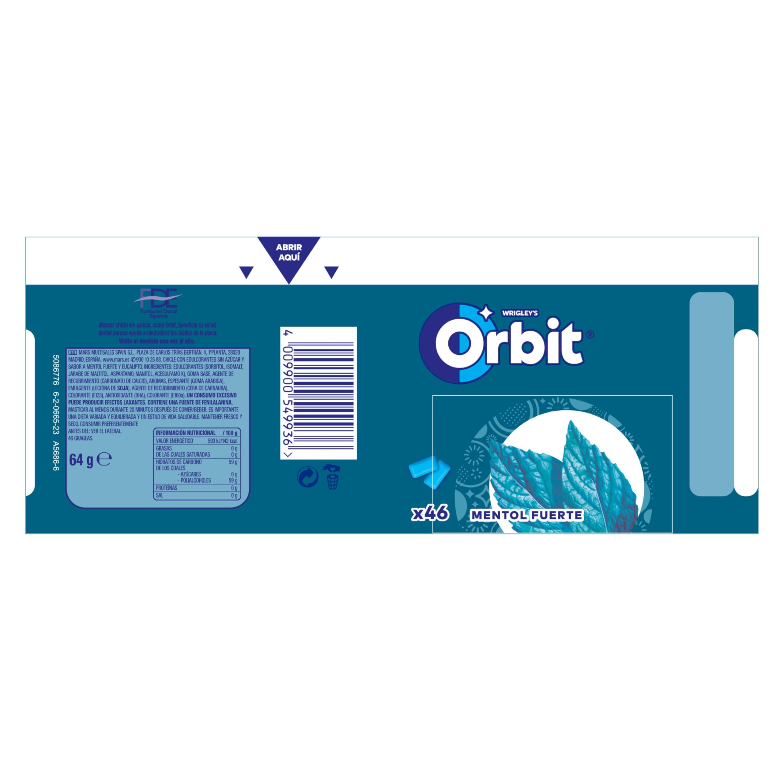 Orbit Bote de Chicles Sin Azúcar Sabor Mentol Fuerte, Intenso y de Larga Duración (6 x 46 chicles)