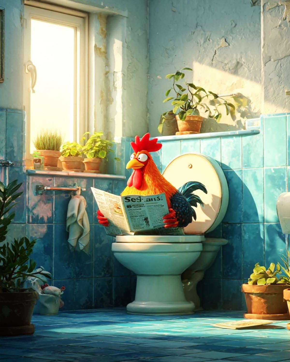 Liubaishi Multicolour Paint By Numbers For Adults, 16X20 Inch Rooster Reading Newspaper In Bathroom, Acrylic Canvas Painting Kit With Brushes