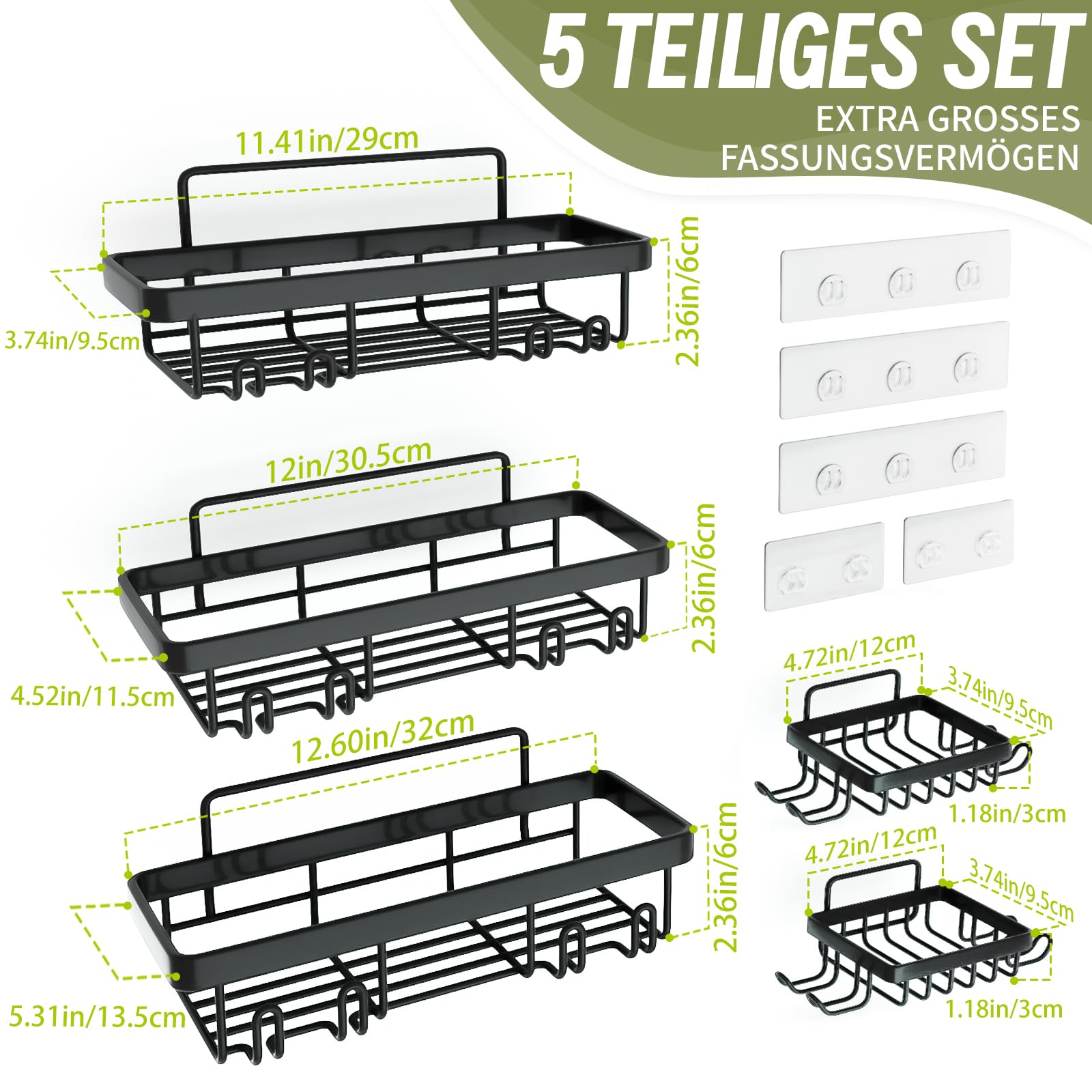 Duschablage Ohne Bohren 5 Set mit Seifenhalter Badezimmer Regal Badezimmer Organizer Schwarz (Packung mit 2)
