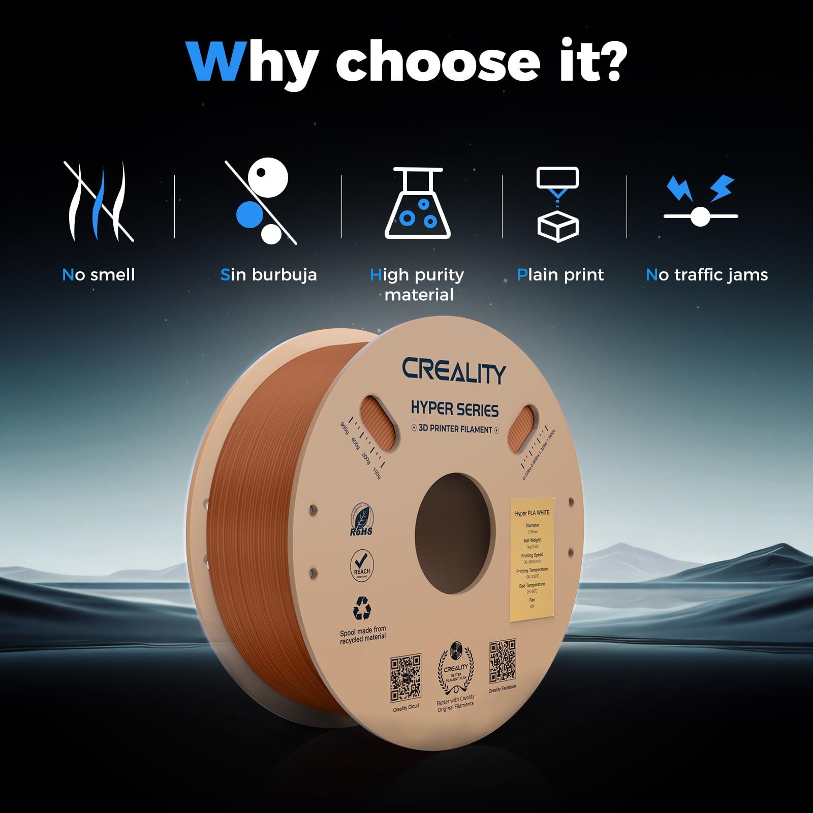 Creality PLA-Filament, Hyper PLA 1,75 mm 3D-Drucker-Filament: 30 mm/s – 600 mm/s Druckbereich, schneller Fluss, schnelle Maßgenauigkeit +/- 0,02 mm, passend für die meisten FDM-3D-Drucker, 1 kg, Braun