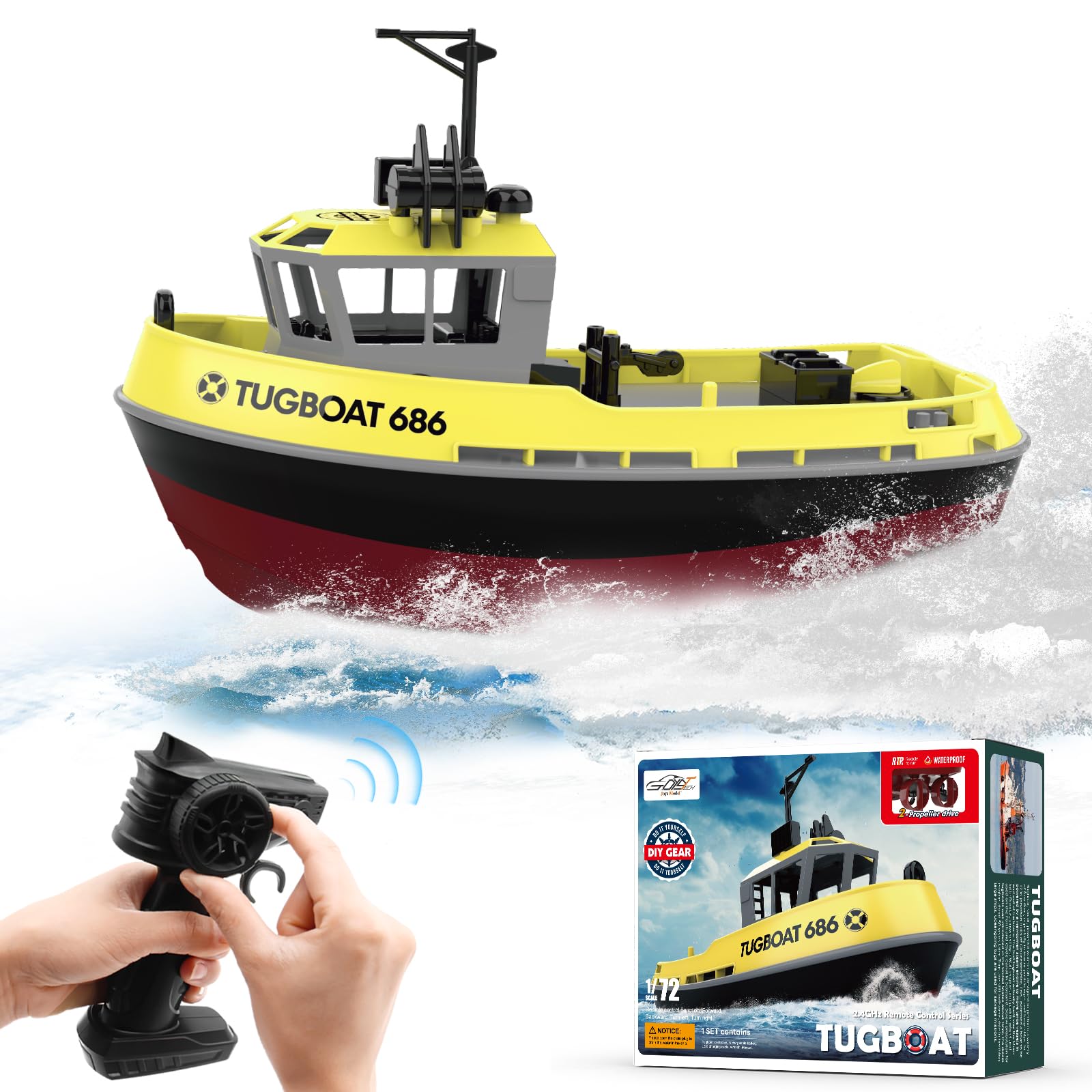 fisca Barco de control remoto - 1/72 Barco RC de alta velocidad para piscinas y lagos, remolcador RC con 40 minutos de tiempo de juego y recordatorio de batería para niños y adultos (Amarillo)