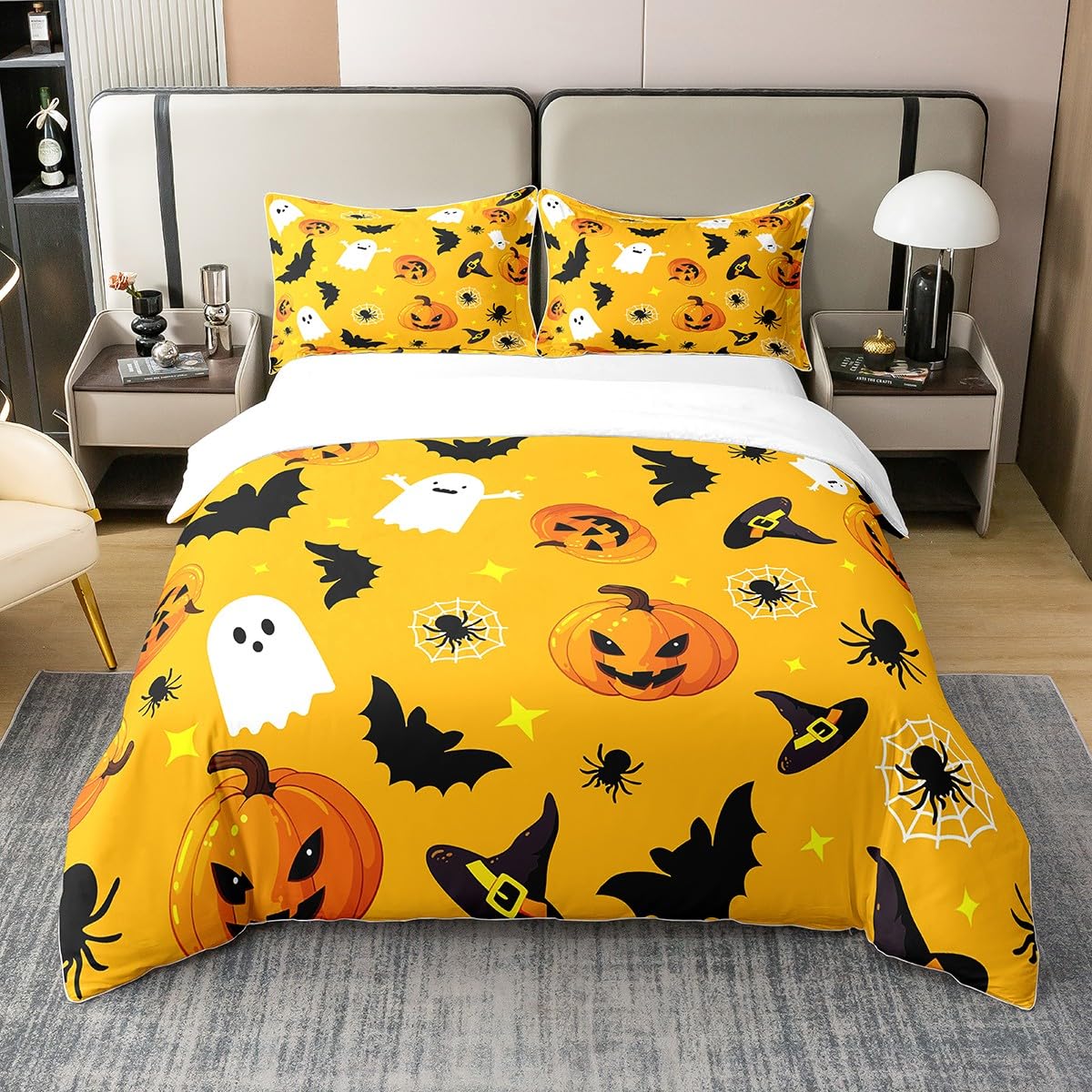 Halloween Pumpkin 100% Cotton Duvet Cover Cute Cartoon Ghost Decorative Bedding Set for Kids Teens Adults Black Bat Lovely Spider Witch Hat Comforter Cover with 2 Pillowcases Super King Size 3 Pcs