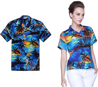 Couple Matching Hawaiian Luau Outfit Aloha Shirts in Sunset Blue