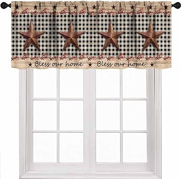 Brown Farmhouse Valance for Kitchen,Western Texas Star Berries Country Wooden Plank Pattern Small Short Window Treatment for Bedroom Living Room Bathroom Cafe 1 Piece,54x18 Inch
