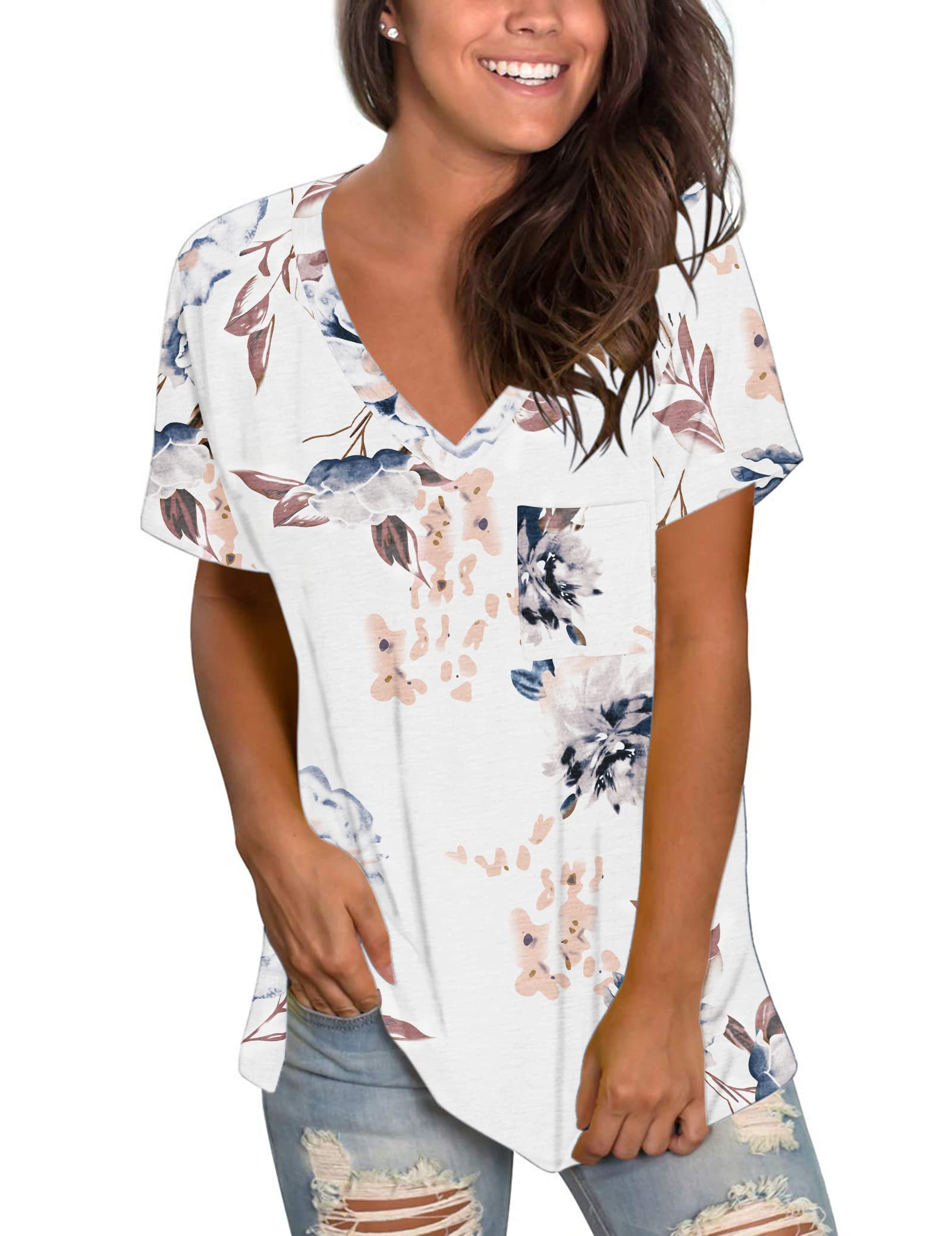 MOLERANI Womens V Neck Tshirts Plus Size Loose Fit Short Sleeve Tops Floral White 3XL