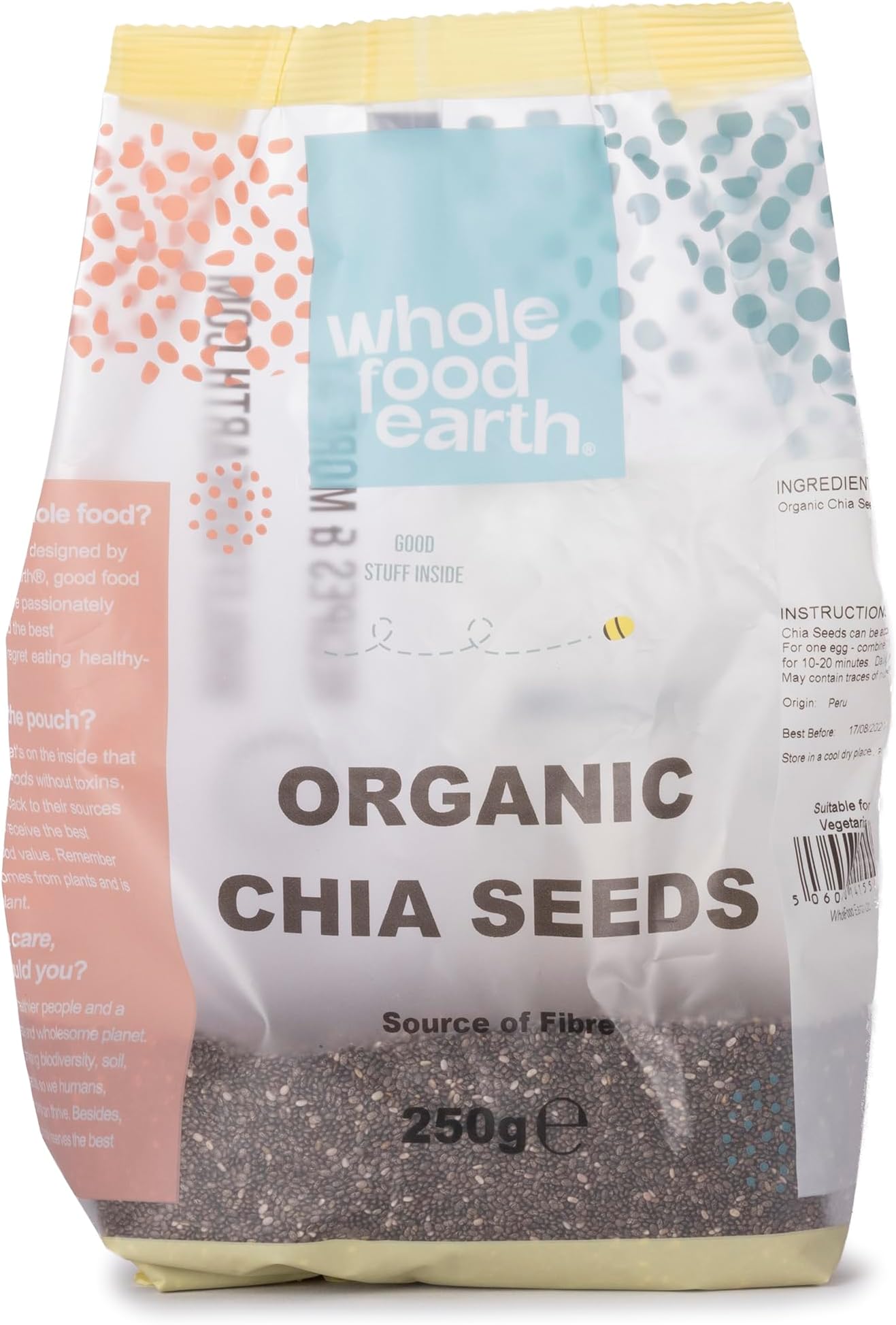 Wholefood Earth Organic Chia Seeds – 250g | Raw | GMO Free | Vegan | Source of Fibre | Certified Organic