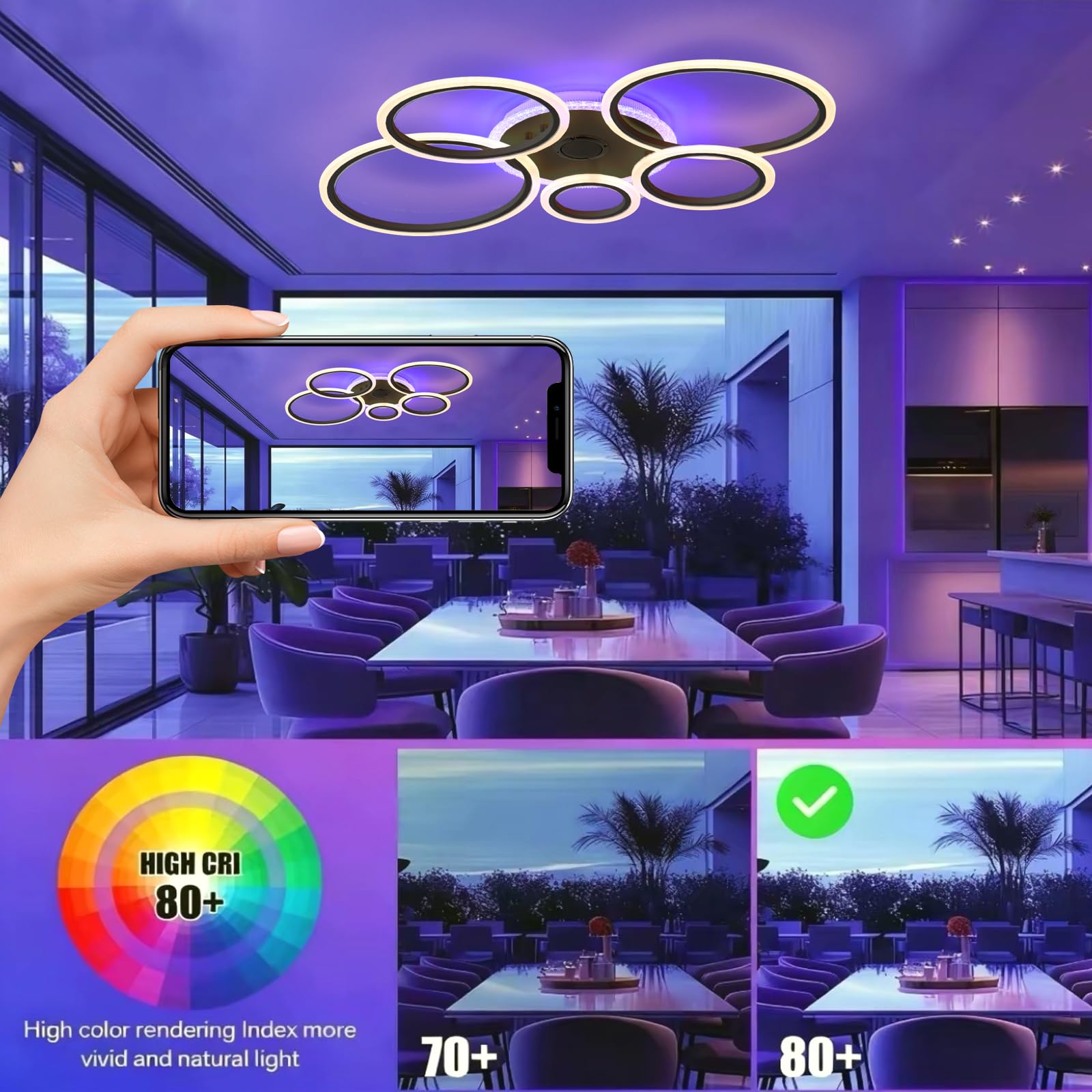 Moderna LáMpara De Techo RGB Con Bluetooth Regulable Mediante Control Remoto Y AplicacióN Con FuncióN De Memoria Sin Parpadeos Inteligentes Para Dormitorios Cocinas Y Bares,Negro