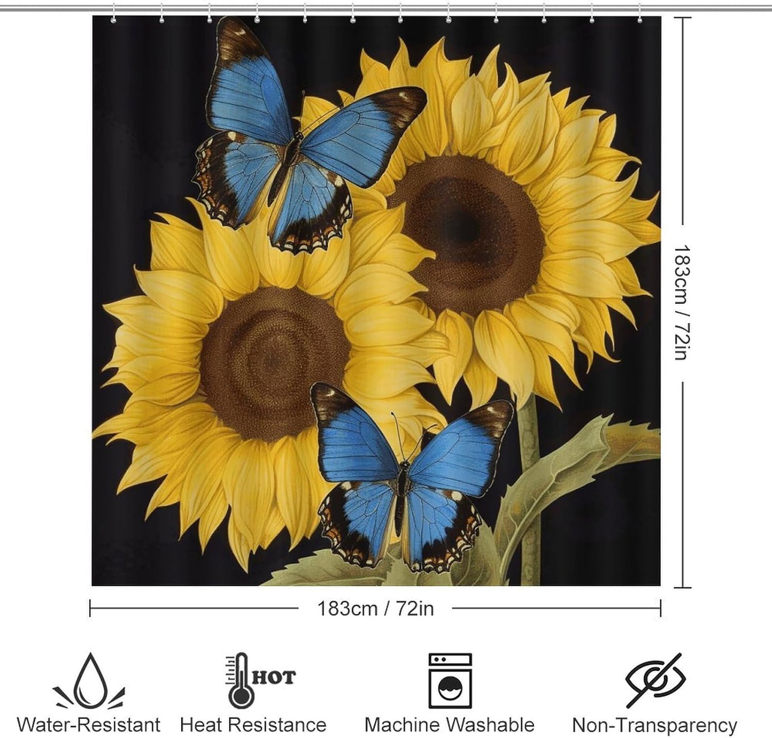 Yellow Sunflowers with Blue Butterflies Shower Curtains Set 4 Piece with Non-Slip Rugs, Toilet Lid Cover and Bath Mat Soft Bathroom Carpet Waterproof Bathroom Curtain with 12 Hooks for Bathroom Decor