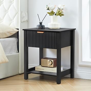 Small Nightstand with Drawer, Mid Century Modern Nightstand for Bedroom, Fluted End Table with Storage for Living Room, Couch, Sofa, Bedside, Office, Desk Side Table for Small Spaces-Black