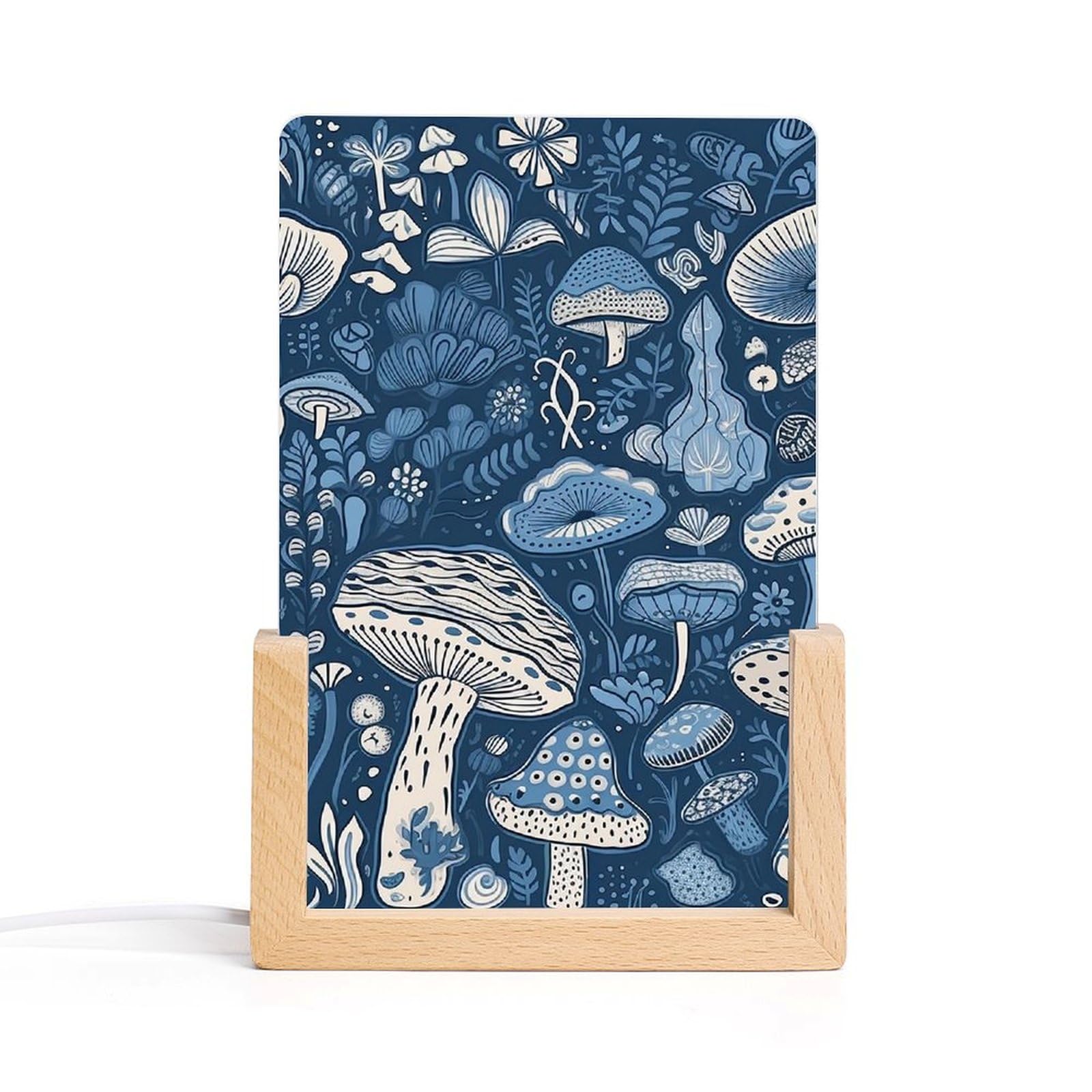 JTREHY Acrylic Night Light,Cartoon Blue Mushroom Printed Wooden Base LED Night Light Modern Home Decoration Light with USB Switch Cable for Bar Cafe Bedroom Room Decoration