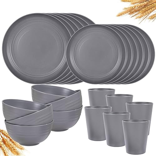 Miniatura 7 de LIYH - Juego de vajilla de paja de trigo gris de 16 piezas, juego de vajilla irrompible para 4 platos y cuencos, platos de plástico reutilizables