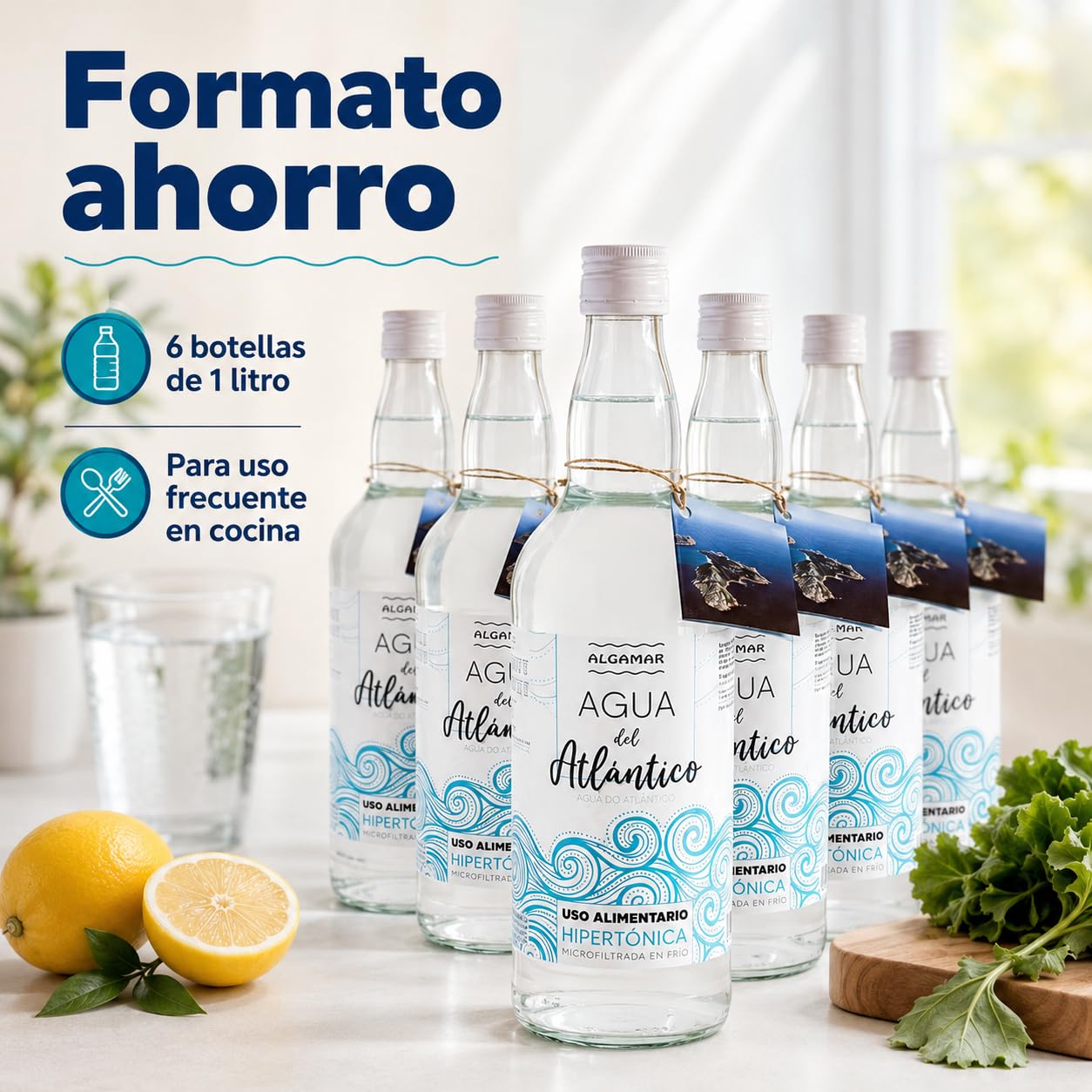 Pack 6 x Agua de Mar Algamar 1 L, hipertónica y microfiltrada en frío, agua marina del Atlántico para uso alimentario, 6 botellas de cristal para cocinar y recetas