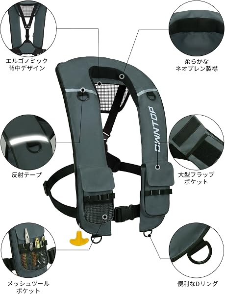 Owntop 自動膨張式ライフジャケット ベスト型 自動・手動膨張兼用 エルゴノミック背中設計 フラップ式メッシュポケット付き 軽量 釣り・マリンスポーツ対応 大人用 日本語説明書付き - 4