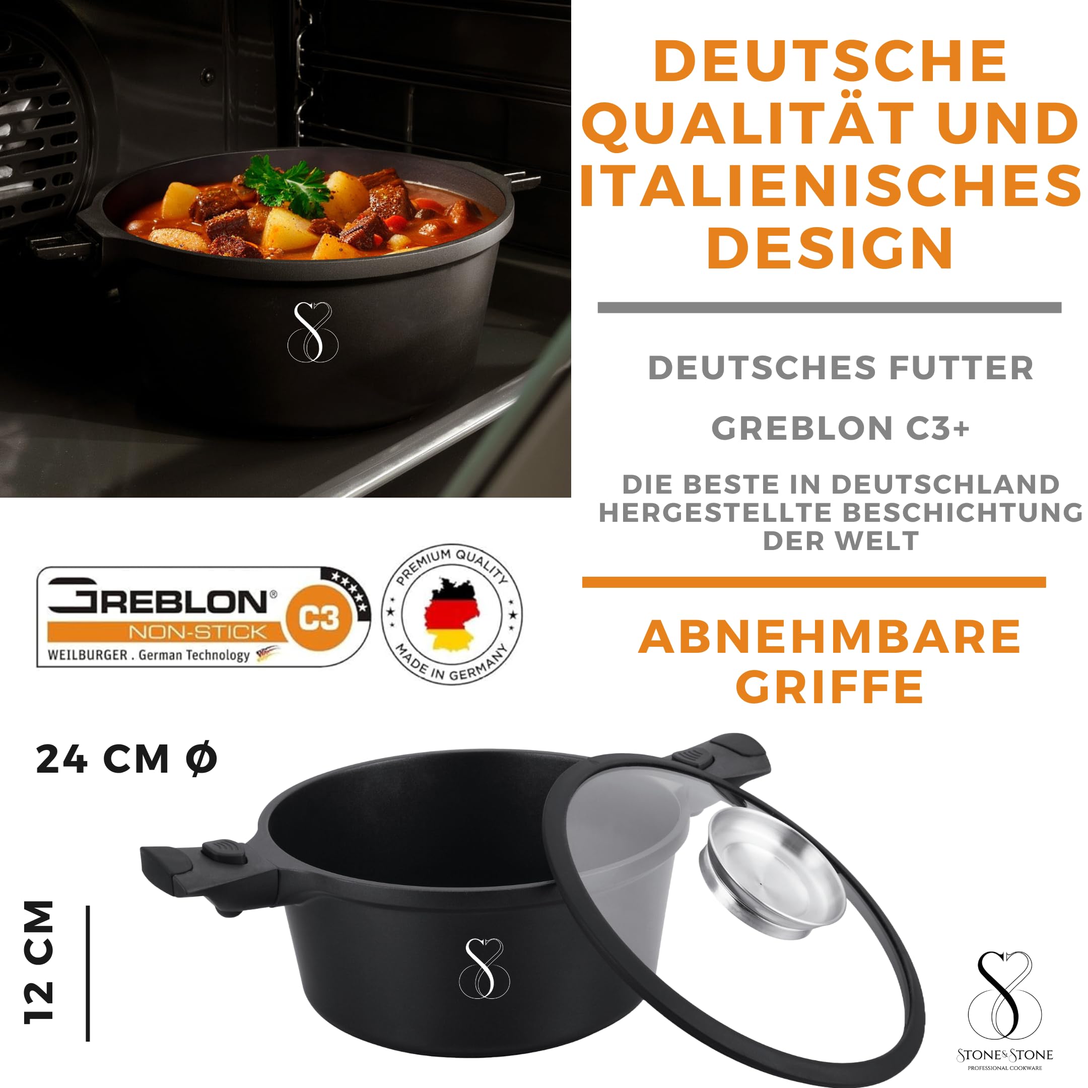Stone&Stone Professioneller Kochtopf 24 cm, extrem antihaftbeschichtet mit deutscher Technologie, Boden aus Stahl, Kochtopf für Nudeln, auch für Gas/Ofen und gesunde Induktion, frei von PFOA