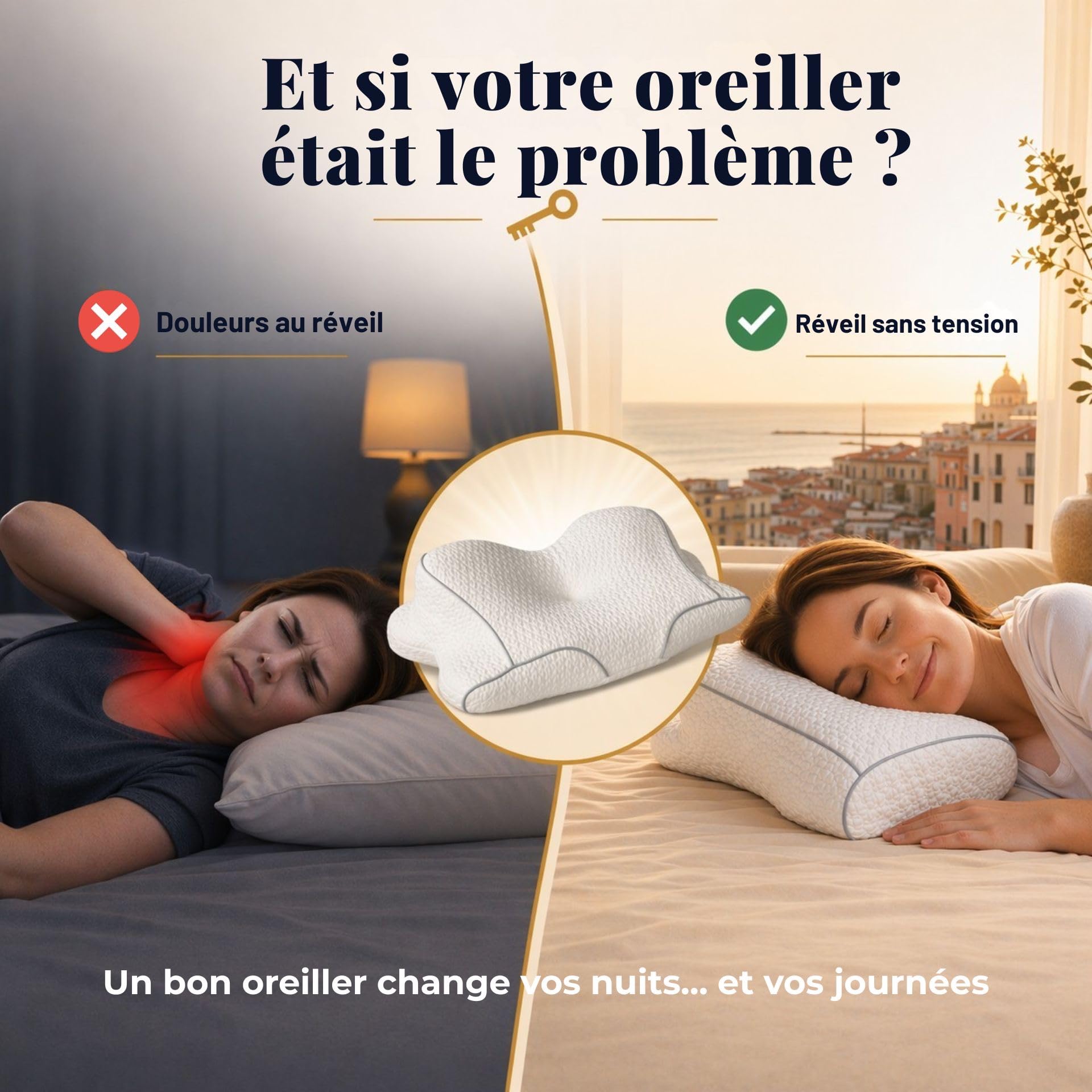 Oreiller Cervical Mémoire de Forme, confort et soutien de la nuque | Soulage les douleurs cervicales, dos et côté, Certifié Oeko-tex, pour des nuits récupératrices et un reveil sans tensions