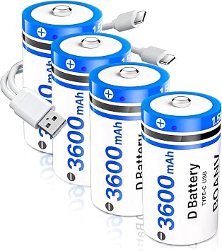 4PCS Rechargeable D Batteries with 2 in 1 USB Cable, Lithium D Batteries LR20 Replacement, 1.5V 3600mAh D Size Cell Battery for Gas Stove,Water Heater, Floodlight Toys,Flashlights