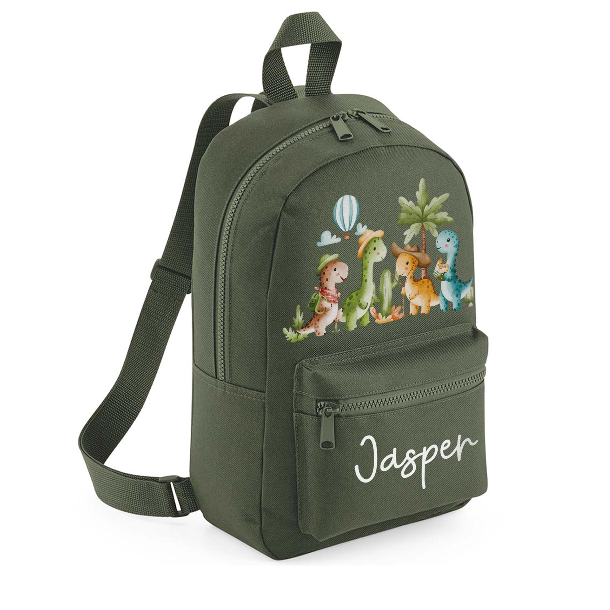 A1 Graphics Ltd Personalised Dinosaur Kids Backpack Custom with Name Choice of Colours Dino School Bag with Adjustable Straps for Children & Toddlers (Olive Green)