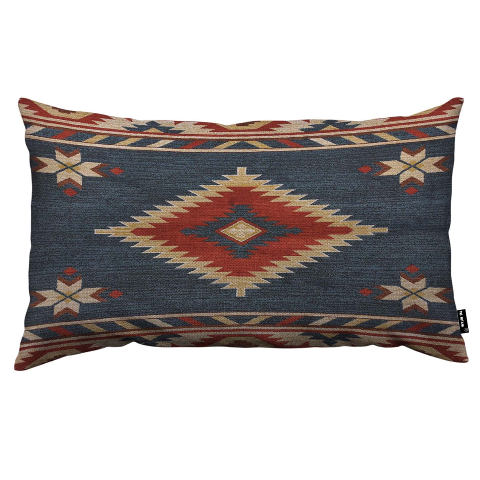 TKS MITLAN Southwest Diamond Blue Red Pillow Covers 12 x 20 Inch Indian Style on Blue Background Decorative Throw Pillow Covers Linen Cushion Case for Sofa Couch