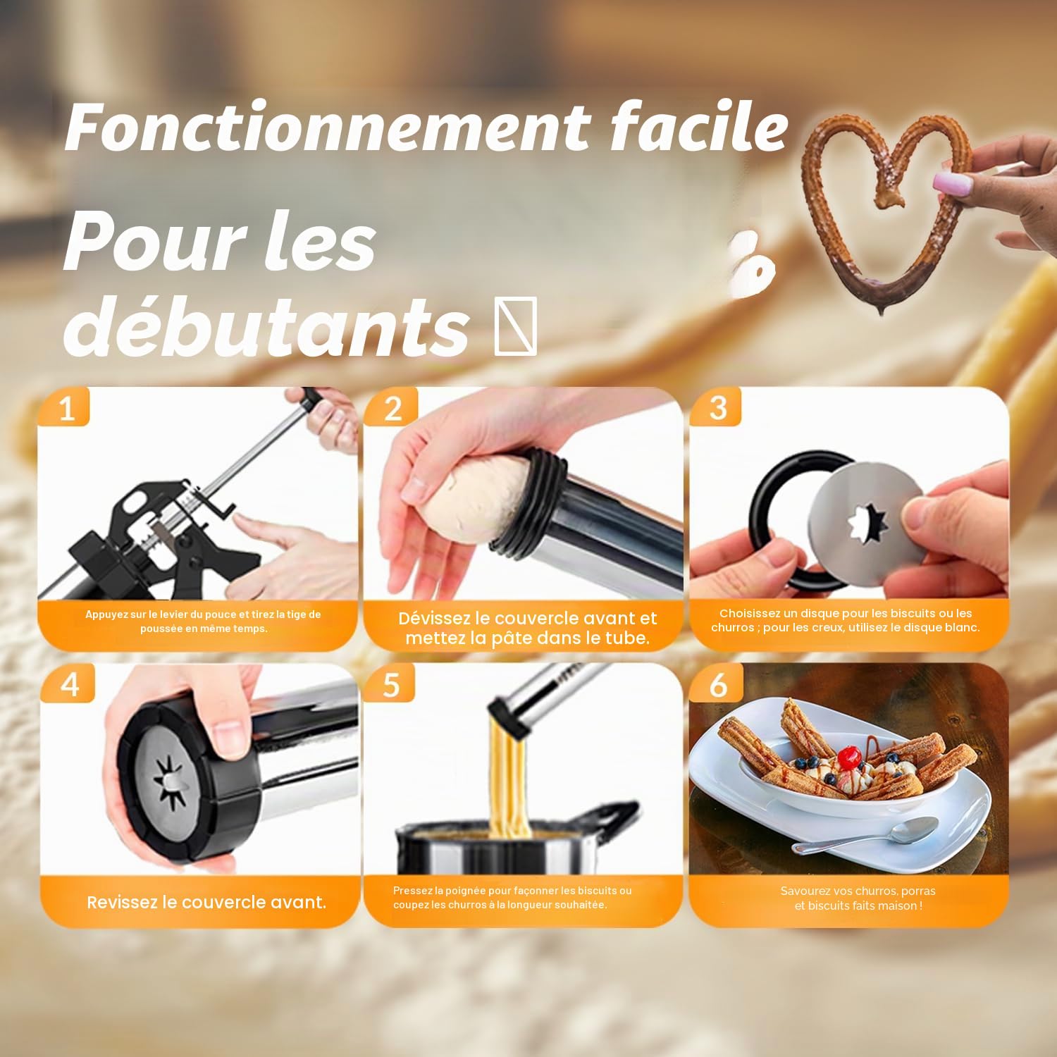 Machine à churros, kit de fabrication de churros en acier inoxydable 21 pièces, pistolet à biscuits, churros creux avec sac à douilles, 7 douilles à pâtisserie, 9 disques à biscuits et 2 pinceaux, kit