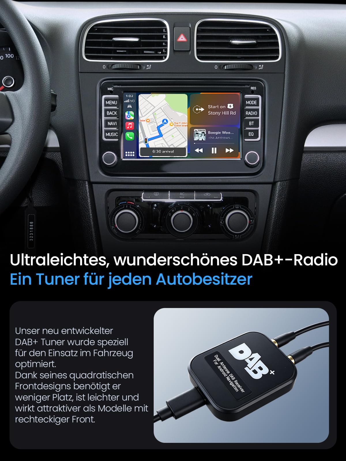 DAB+ Autoadapter mit Antenne für Autoradios mit Android 5.1+, Digitalradio-Antennen-Tuner mit FM-Übertragung, USB-Anschluss (nur für Länder mit DAB-Signal)