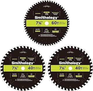 Smithology 7 1/4" Circular Saw Blades 3-Pack, 40T 60T Wood Crosscutting | ATB Carbide-Tipped Thin Kerf Blades; 2x 40T Ripping & Crosscutting, 1x 60T Finishing; PTFE Anti-Stick Coating; 5/8 Inch Arbor