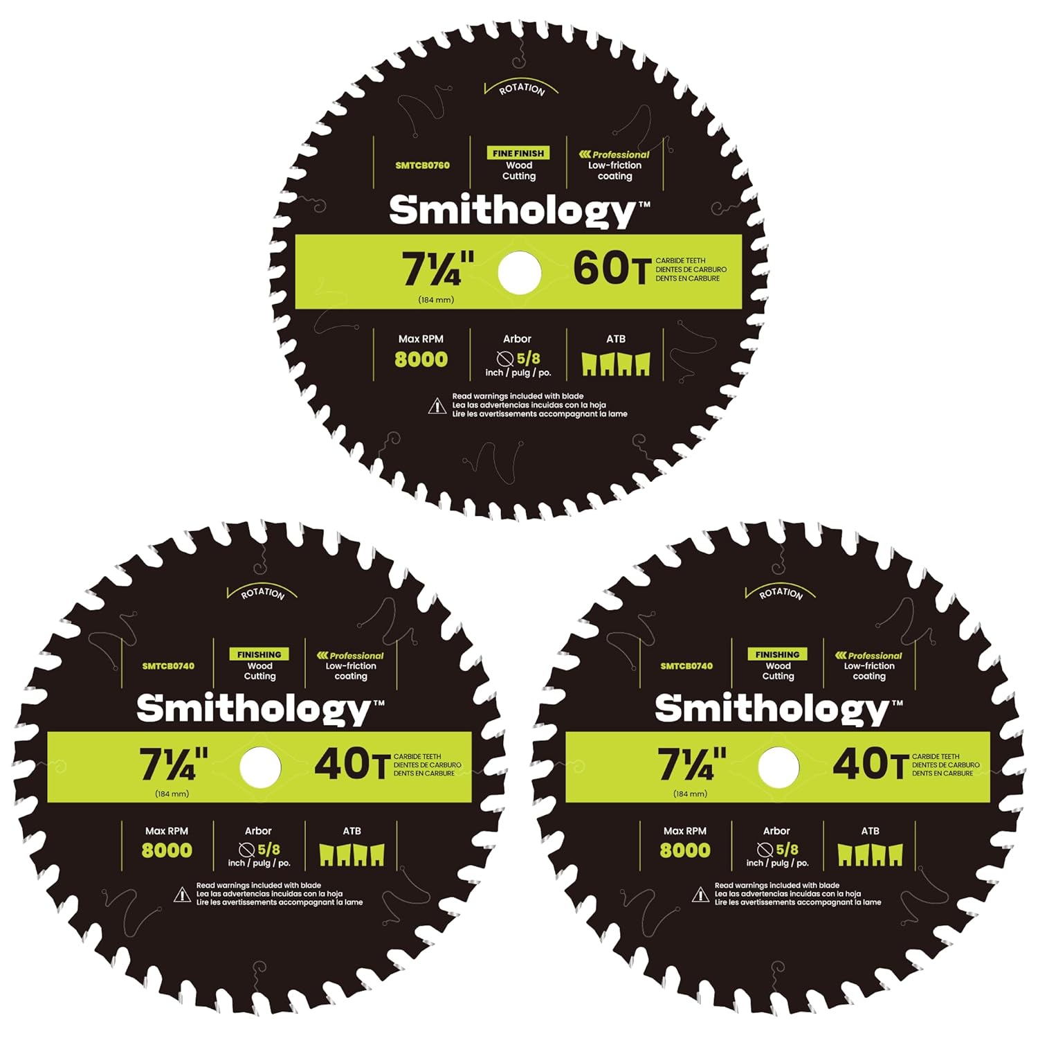Smithology Circular Saw Blades 7 1/4 Inch – 3 Pack | ATB 40 Tooth & 60 Tooth | Carbide Tipped | Thin Kerf | Wood Crosscutting, Ultra Fine Finishing | Anti-Stick Coating | 5/8 Inch Arbor | SMTCBV01-3