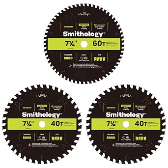 Smithology 7 1/4" Circular Saw Blades 3-Pack, 40T 60T Wood Crosscutting | ATB Carbide-Tipped Thin Kerf Blades; 2x 40T Ripping & Crosscutting, 1x 60T Finishing; PTFE Anti-Stick Coating; 5/8 Inch Arbor
