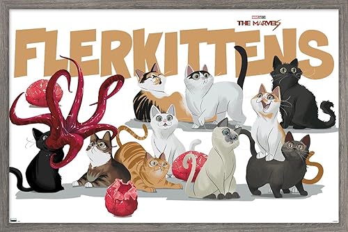 Trends International Marvel The Marvels - Póster de pared de flerkittens, 14.72 x 22.37 pulgadas, versión enmarcada de madera de granero