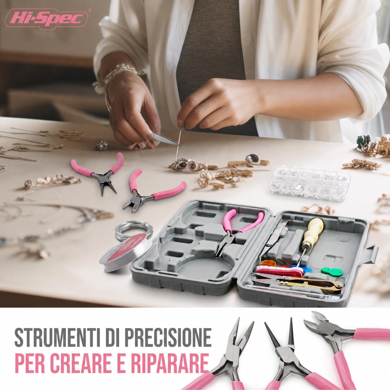 Hi-Spec set da 17 pezzi di strumenti per creazione di gioielli e set di accessori da 600 pezzi. Pinze e fili per bracciali, collane, orecchini fatti a mano, arti e mestieri