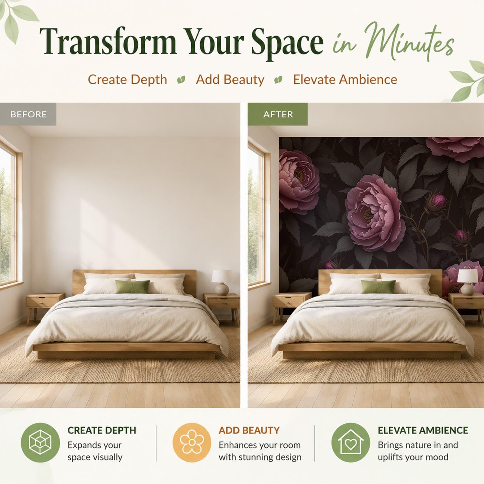 Fototapete Retro Blumenmuster 350 x 256cm Tapete Seidentapete Wandtapete moderne Wand Wandbild Schlafzimmer Wohnzimmer Wand Dekoration Dunkel Pfingstrosen