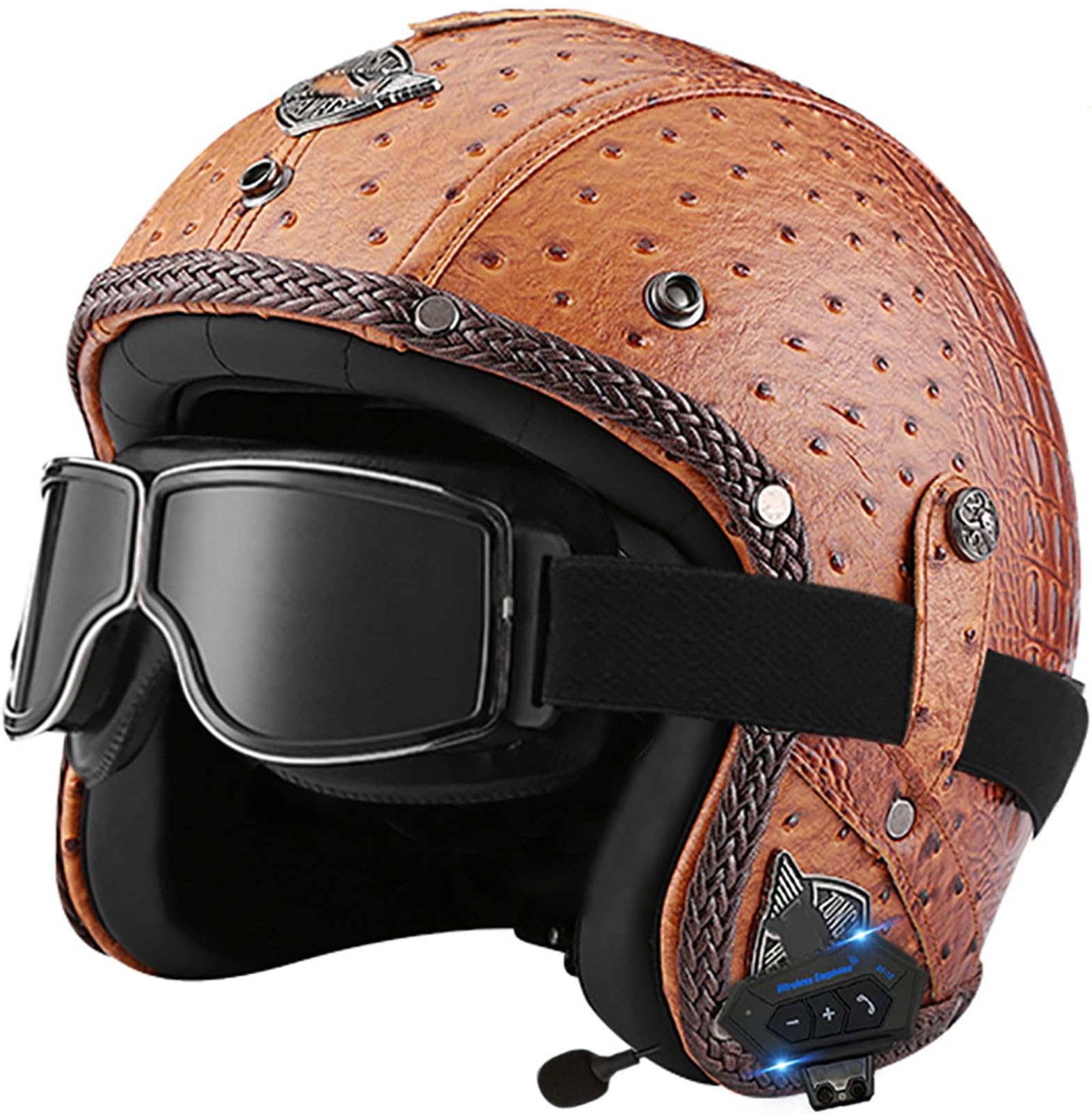 Retro Open Face Motorbike Helmet with Bluetooth, Leather Jet Helmet with Personalized Goggles, DOT Approved 3/4 Motorcycle Half Helmet, Crash Helmet for Adult Men and Women