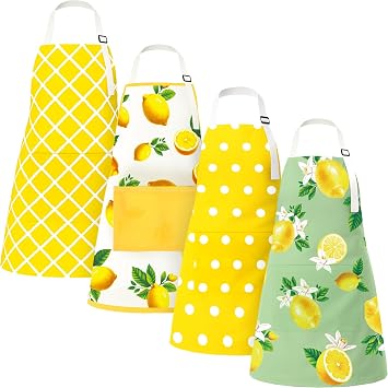90shine 4Pcs Lemon Aprons with Pockets Kitchen Baking Cooking Adjustable Apron, Lemonade Costume Accessories Holiday Decorations Party Supplies Decor