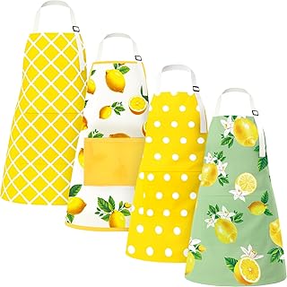 90shine 4Pcs Lemon Aprons with Pockets: Kitchen Baking Cooking Adjustable Apron, Lemonade Costume Accessories Holiday Decorations Party Supplies Decor