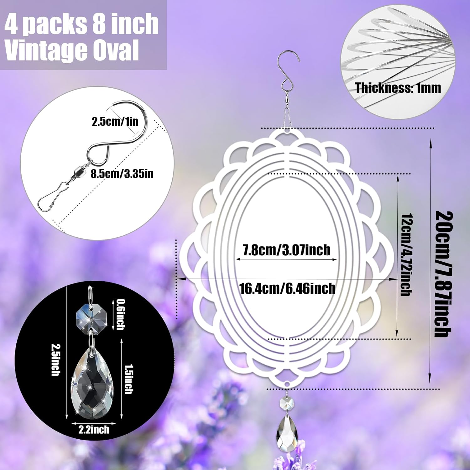 4Pack 8inch Sublimation Wind Spinner Blanks 3D Aluminum Metal Wind Sculpture Kinetic Spinners for Yard and Garden Indoor Art Ornaments Hanging Decoration (Vintage Oval)