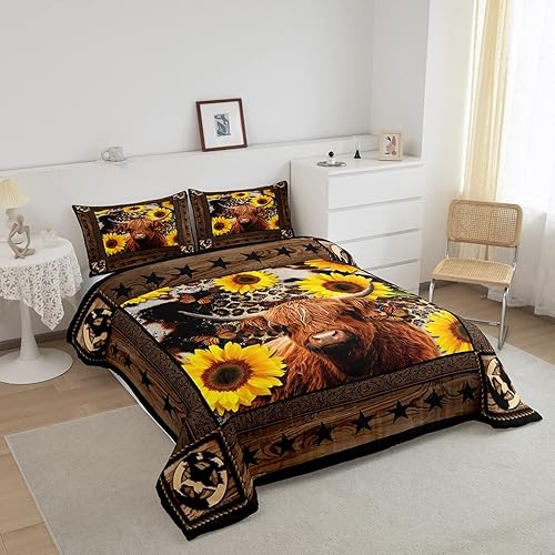 Miniatura 2 de Highland - Juego de edredón para niños, diseño de girasoles de vaca, girasoles, tamaño matrimonial, decoración de Navidad para niños, niñas y