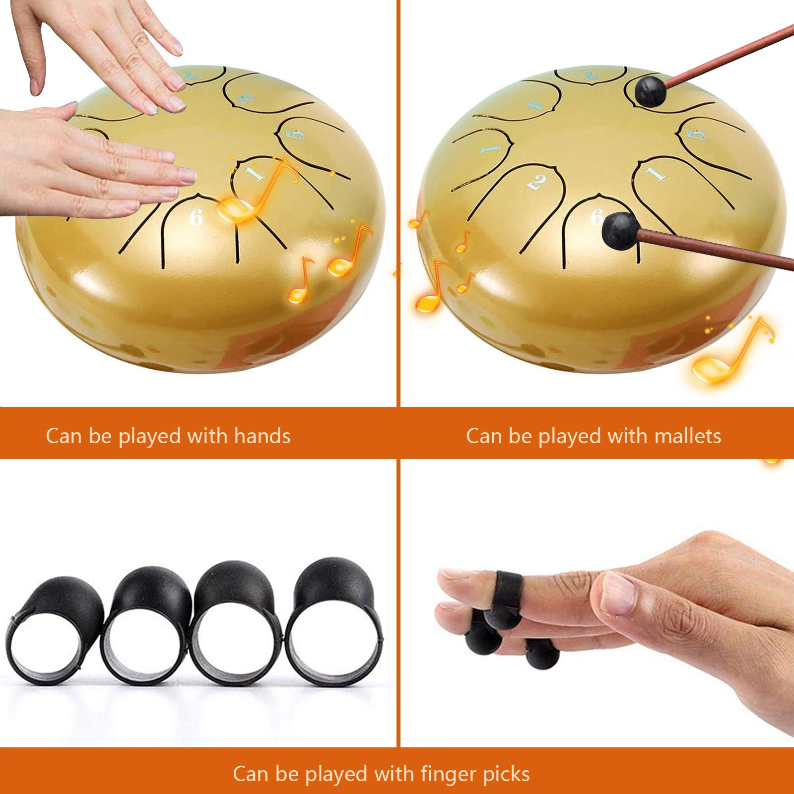 Stalowy bęben dla dzieci Dorośli, 6 cali 8 nut Handpan Zestaw perkusyjny dla początkujących, Instrument perkusyjny Lotus Hand Pan Bęben z torbą, młotki, do muzycznego uzdrawiania umysłu Joga, złoto
