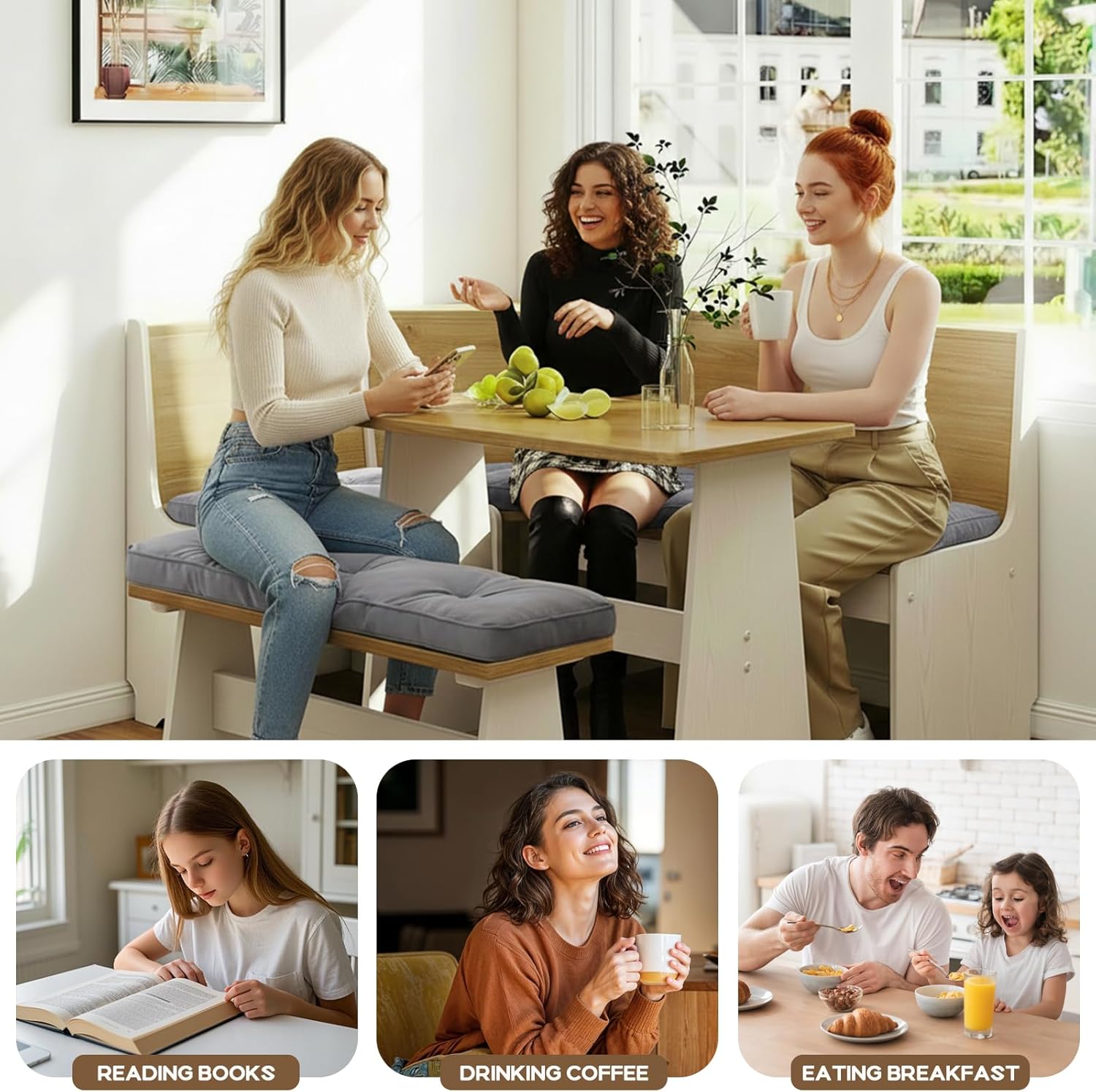 Breakfast Nook Cushions Set of 4, Waterproof Oxford Fabric Kitchen Nooks Cushions, Soft Polyester Filling Cozy Supportive Nooks Cushion, Breakfast Nook Cushion Cozy Dining Area Seating,Grey