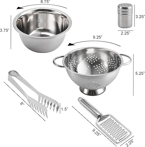 Miniatura 4 de Juego de 5 piezas de pasta de acero inoxidable  Cuenco para mezclar, colador, rallador, pinzas, dispensador de especias, duradero y apto para