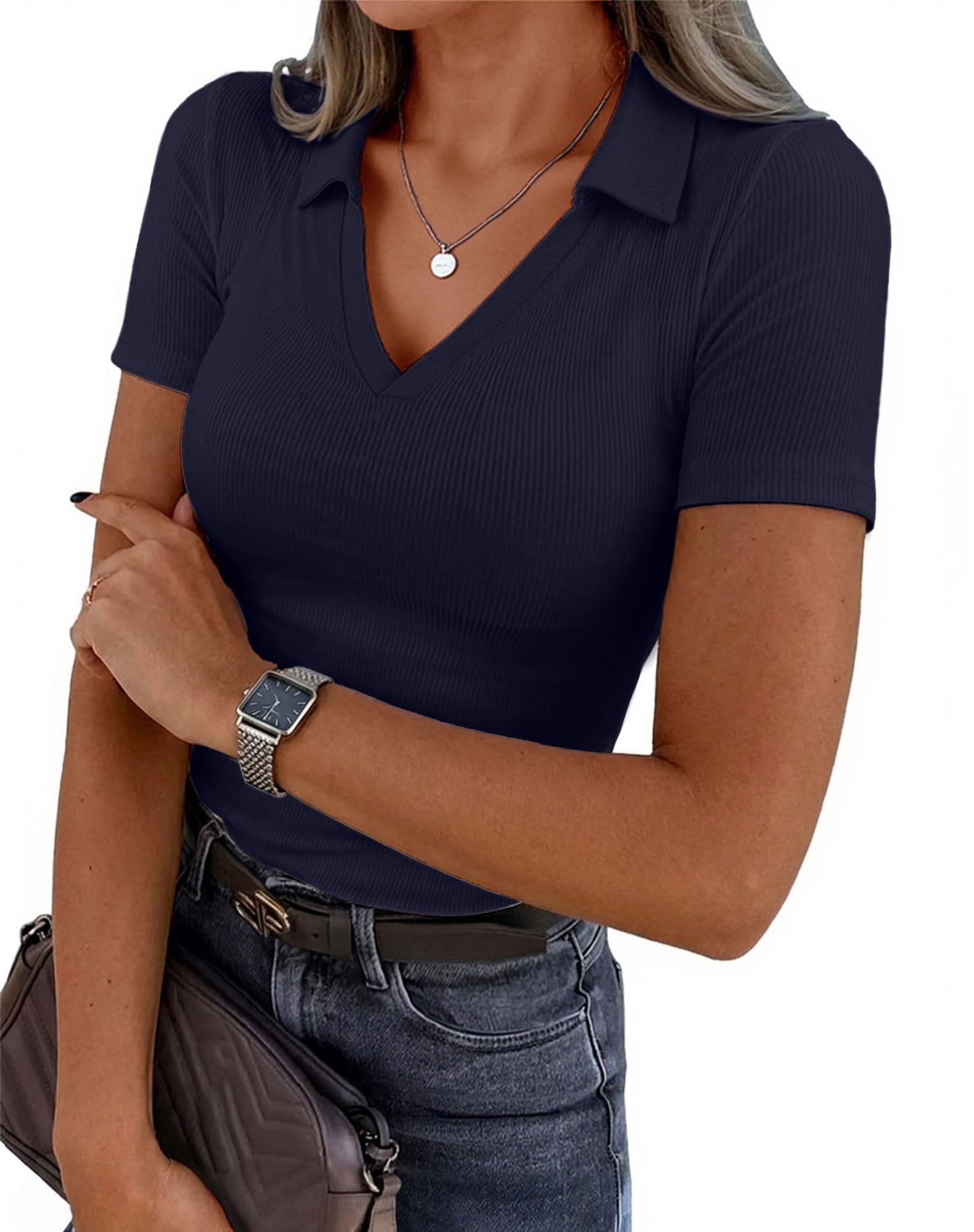 VAFFUL Damen Kurzarm Business Casual Tops Sommer V-Ausschnit