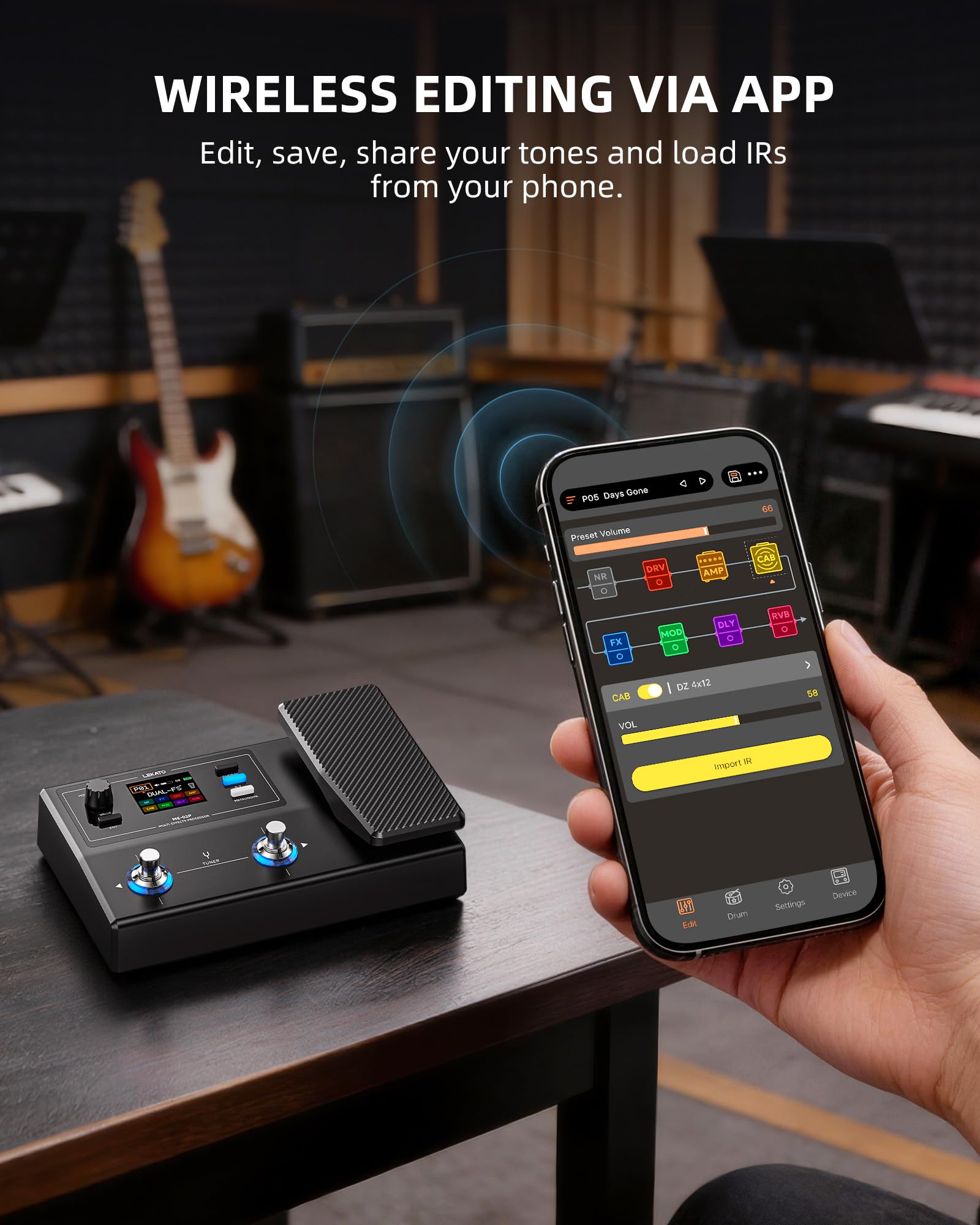 LEKATO Pedal multiefectos de guitarra con pedal de expresión, 100 preajustes 40 ritmos de batería, batería de audio de 24 bits 7H, aplicación Bluetooth y carga IR, grabación OTG, salidas de