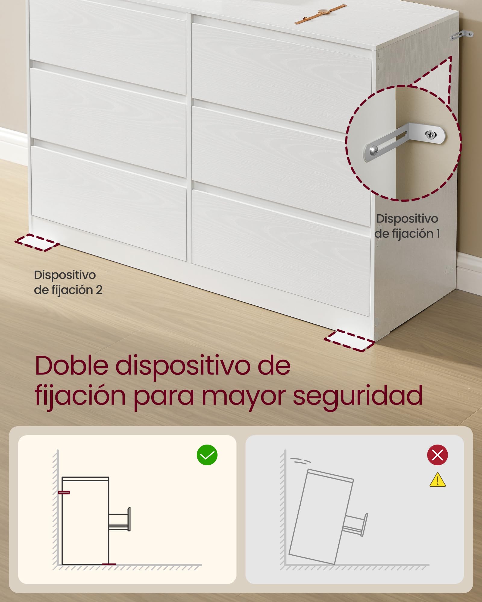 VASAGLE Colección Kailyn - Cómoda de 6 Cajones para Dormitorio, Armario de Almacenamiento, Mueble para Ropa, 40 x 119,4 x 75 cm, Estilo Moderno, Blanco Nieve LTS616W01